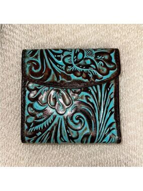 Patricia Nash Reiti RFID Tooled Floral Turquoise Brown Leather Folded Wallet